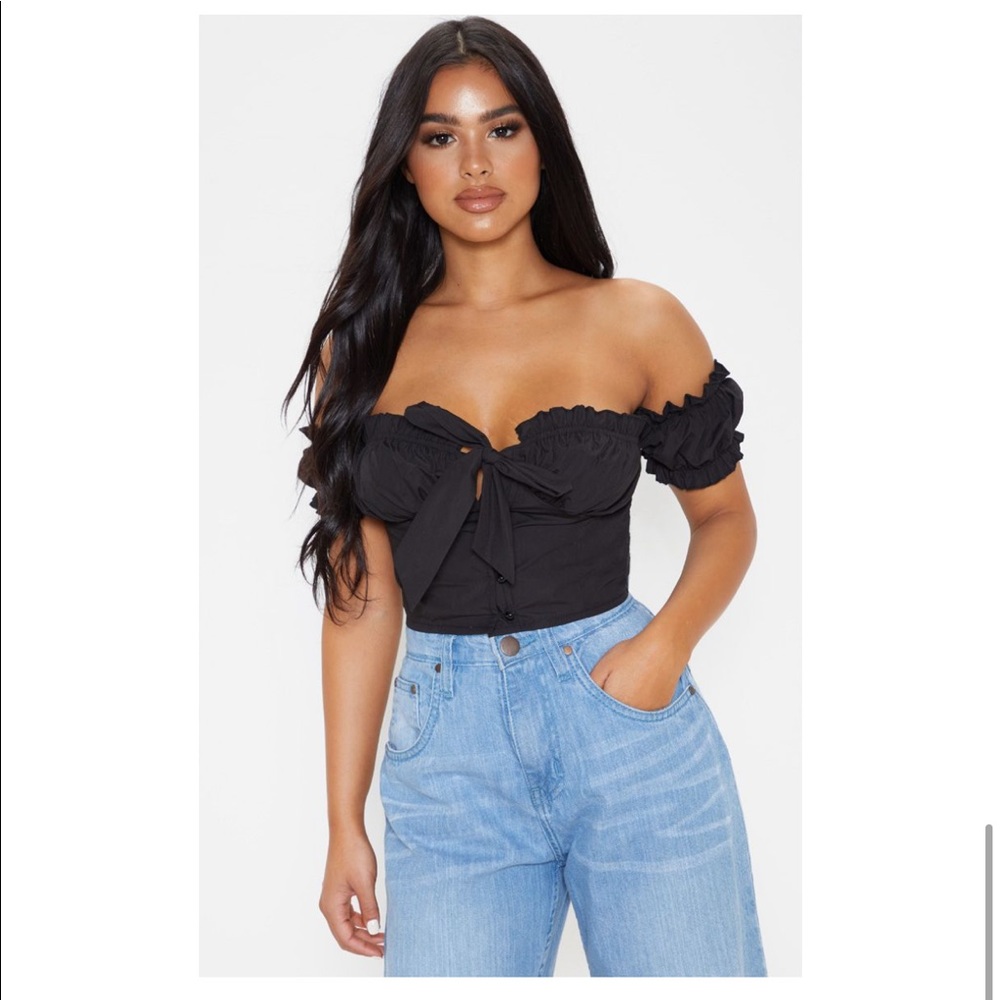 Petite black frill detail crop blouse